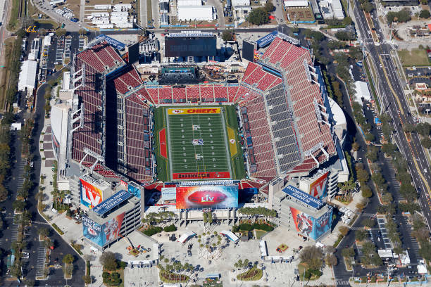 Raymond James Stadium Aerial view of Raymond James Stadium Tampa Florida home of NFL Super Bowl LV photograph taken Feb. 2 2021 fan enthusiast photos stock pictures, royalty-free photos & images