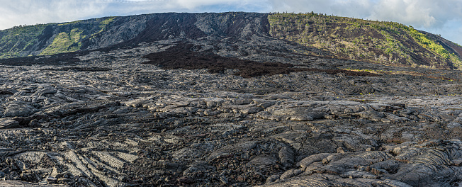 Pahoehoe, is basaltic lava that has a smooth, billowy, undulating, or ropy surface. Aa lava has arough surface and is broken into pieces. Hawaii Volcanoes National Park, Hawaii, The Big Island.