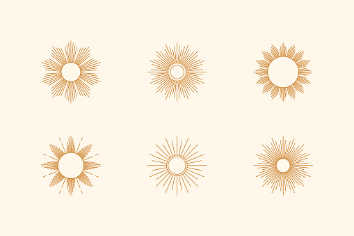 Set of Sun shapes and Sunburst in minimal trendy style. Vector Icon, labels, badges isolated. Boho illustration for t-shirts print, wall art, patterns