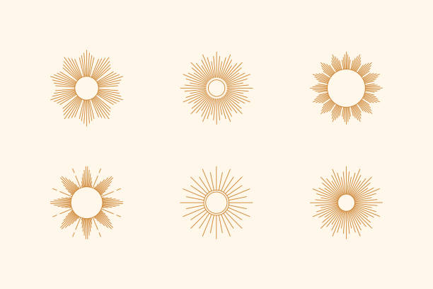 Set of Sun shapes and Sunburst in minimal trendy style. Vector Icon, labels, badges. Boho illustration Set of Sun shapes and Sunburst in minimal trendy style. Vector Icon, labels, badges isolated. Boho illustration for t-shirts print, wall art, patterns gold metal symbols stock illustrations