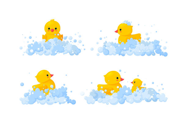 Rubber duck family in soap foam isolated in white background. Set of yellow plastic duck toys in suds, parent and baby. Vector illustration Rubber duck family in soap foam isolated in white background. Set of yellow plastic duck toys in suds, parent and baby. Vector illustration in cartoon style drawing of the yellow objects stock illustrations