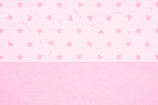 Horizontal vector illustration of grunge effect faded look baby pink colored background. A pattern of stars, hearts confetti and swirls in darker shade as top band and a plain bottom layer. Simple, pure, celebratory love theme wallpaper. Apt for backgrounds or templates related to Xmas, Valentine's Day, weddings, marriages, Anniversary and 14th February.