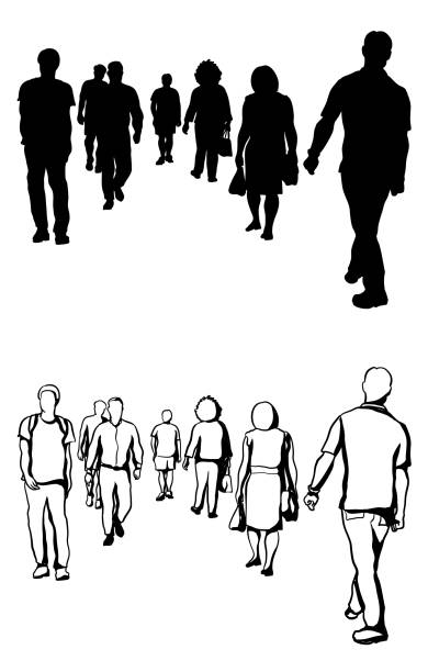 Six Feet Apart Social Distancing Crowd Silhouette Crowd of people walking six feet apart during the 2020 and the covid19 pandemic mid distance stock illustrations