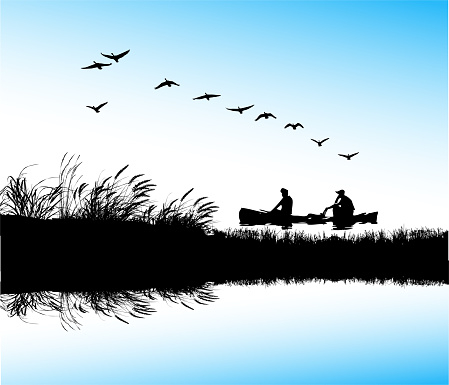 Friends on a canoe ride in quiet wetland with geese overhead.  Silhouette vector illustration