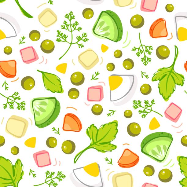 бесшовный узор ингредиентов салата оливье - плод ягоды stock illustrations