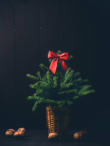 istock Christmas tree in a dark mood on a wooden background 1300236688
