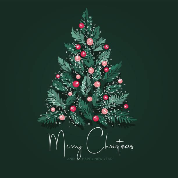 ilustrações, clipart, desenhos animados e ícones de árvore de natal em luzes em um fundo escuro - christmas tree