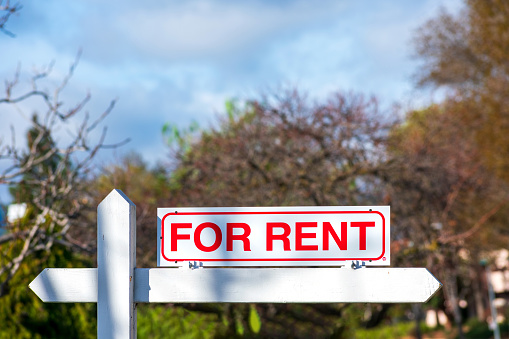 For Rent real estate sign. Blurred sky and trees background.