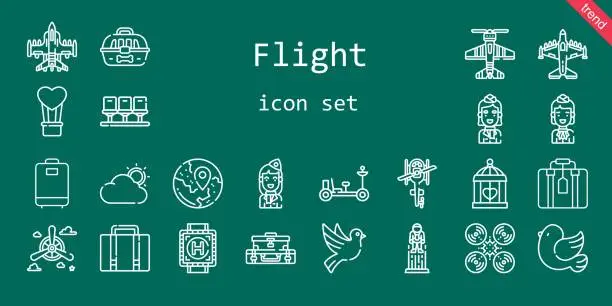 Vector illustration of flight icon set. line icon style. flight related icons such as pigeon, suitcase, propeller, heliport, seats, drone, cloud, moon rover, astronaut, stewardess, cage, hot air balloon, helicopter