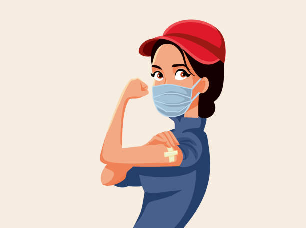 Essential Worker Showing Vaccinated Arm Female employee getting immunization because of job risks restaurant masks stock illustrations