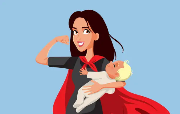 Vector illustration of Super Mom Holding Newborn Baby Wearing a Cape