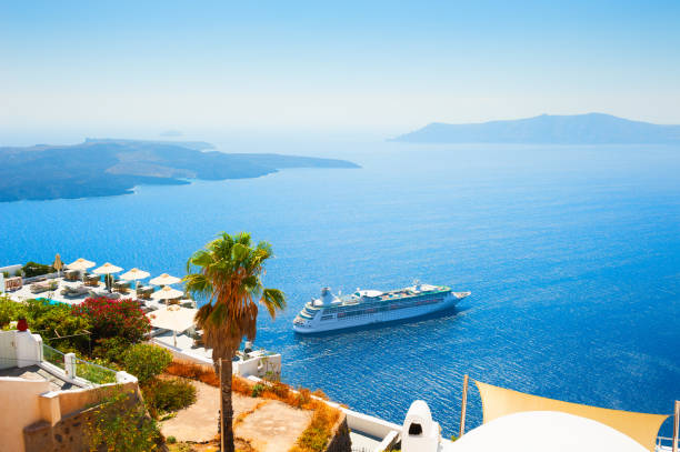 Santorini island, Greece - August 2, 2017: White architecture and blue sea on Santorini island, Greece. Famous travel destination