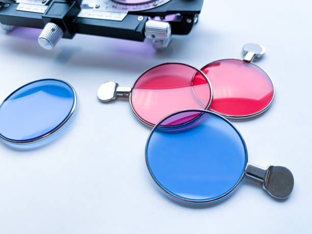 istock colored trial eyeglass lenses for color blindness correction.  aluminum frame for vision diagnostics. 1300254633