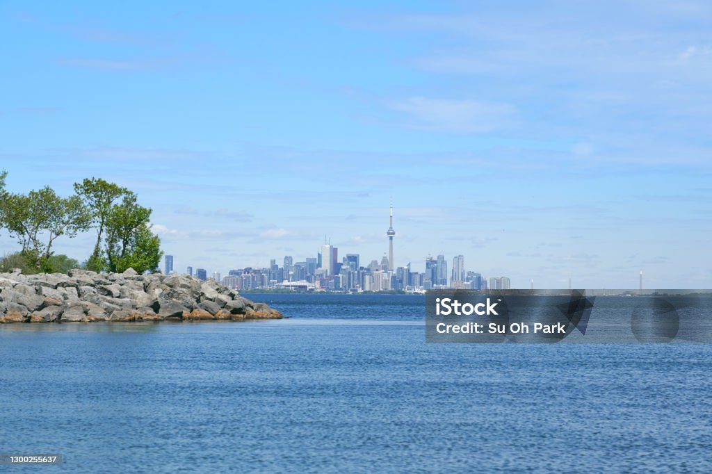 Cityscape from the lake ontario Colonel Samuel Smith Park, Etobicoke, Ontario, Canada Blue Stock Photo