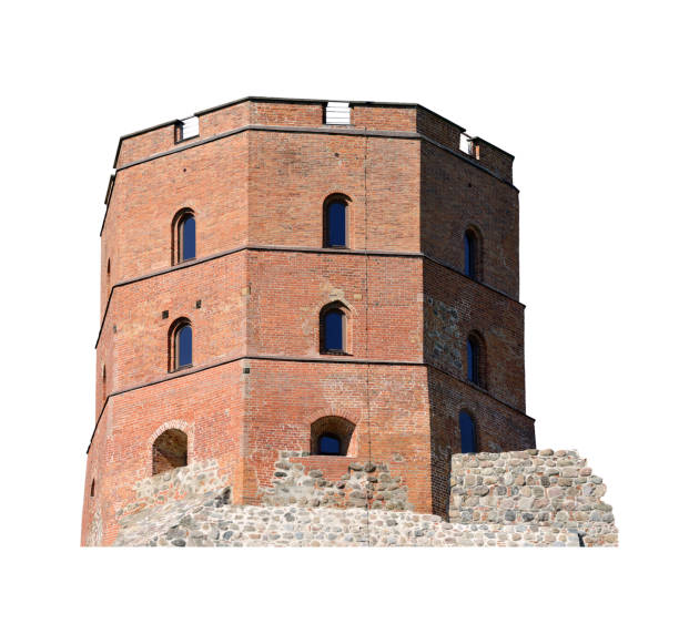 Medieval castle tower. Stronghold with massive guard tower. White background