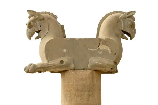 Photo of Statue of a double-headed griffin on white background
