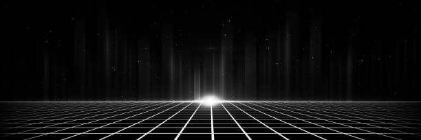 istock Retro style 80s Sci-Fi Background Futuristic with laser grid landscape. Digital cyber surface style of the 1980`s. 3D illustration. For banner 1300259333
