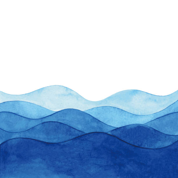ilustraciones, imágenes clip art, dibujos animados e iconos de stock de fondo de acuarela con ondas azules abstractas - oceano