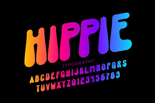 Hippie style font design, 1960s alphabet letters and numbers
