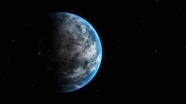 istock Sunrise and shadow on the earth rotate in space with star in universe. Realistic atmosphere 3D volumetric clouds texture surface. 1300270724
