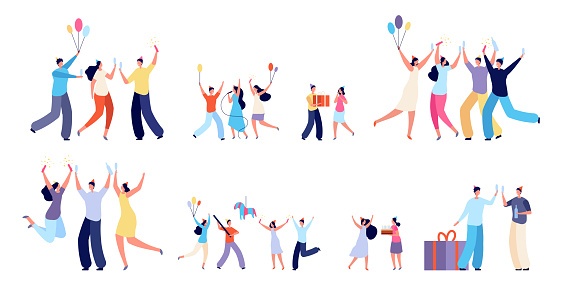 Diverse party characters. Fun festival people, laughing dance jumping young woman man. Isolated flat birthday children fest utter vector set. Illustration party diversity, woman and man together
