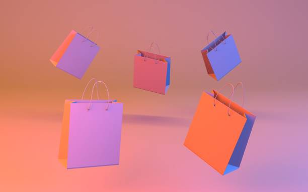 쇼핑 백. 여러 가지 빛깔의 빈 선물 가방 의 그룹. 3d 렌더. - concepts sale ideas retail 뉴스 사진 이미지