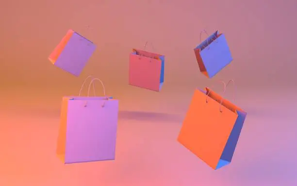 Photo of Shopping bags. Group of multicolored blank gift bags. 3D render.