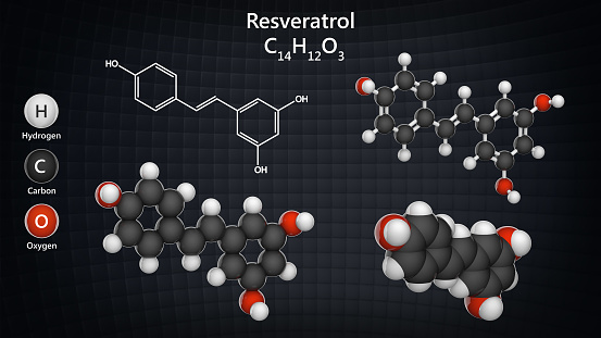 Molecular structure of resveratrol - antioxidant and potential chemopreventive activities. C14H12O3. Chemical structure model: Ball and Stick + Balls + Space-Filling. 3D illustration.