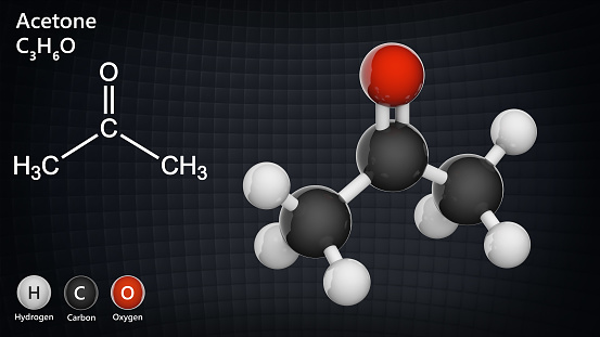 Structural chemical formula and molecular structure of acetone. Formule C3H6O. Chemical structure model: Ball and Stick. 3D illustration.