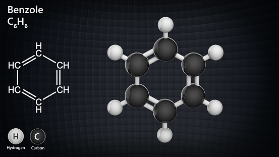 C6H6, benzol (benzene) molecule. Chemical structure model: Ball and Stick. 3D illustration.