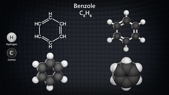 C6H6, benzol (benzene) molecule. Chemical structure model: Ball and Stick + Balls + Space-Filling. 3D illustration.