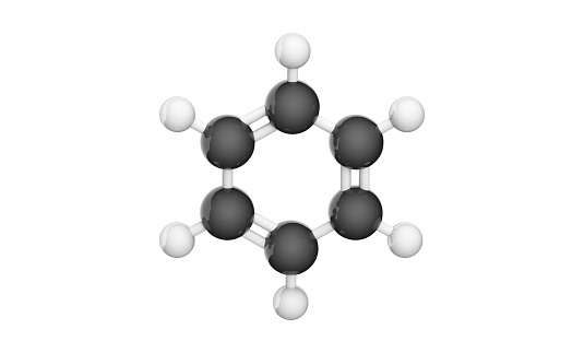 C6H6, benzol (benzene) molecule. Chemical structure model: Ball and Stick. 3D illustration. Isolated on white background.