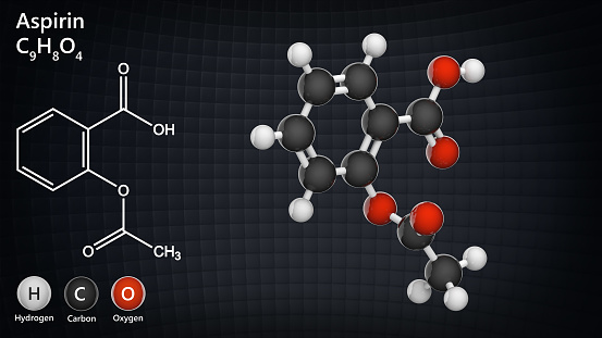 Aspirin (ASA) molecule ball and stick model - C9H8O4. 3D illustration.