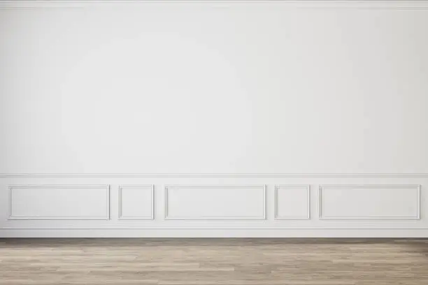 Photo of Modern classic white empty interior with wall panels molding and wooden floor.