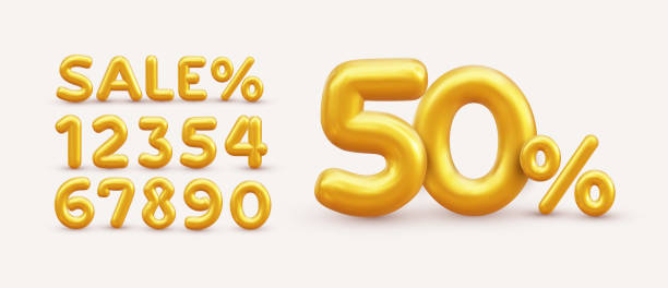 ilustrações de stock, clip art, desenhos animados e ícones de sale off discount promotion set made of realistic numbers 3d gold helium balloons. vector illustration of balloon golden 50% percent discount collection for your unique selling poster, banner ads. - three dimensional shiny business retail