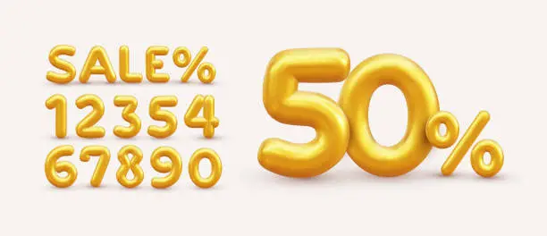 Vector illustration of Sale off discount promotion set made of realistic numbers 3d gold helium balloons. Vector Illustration of balloon golden 50% percent discount collection for your unique selling poster, banner ads.