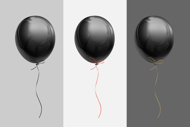 Realistic black flying balloons with ribbons of black, red, gold on backgrounds of different saturations for use in different necessary cases. Decoration element templates vector art illustration