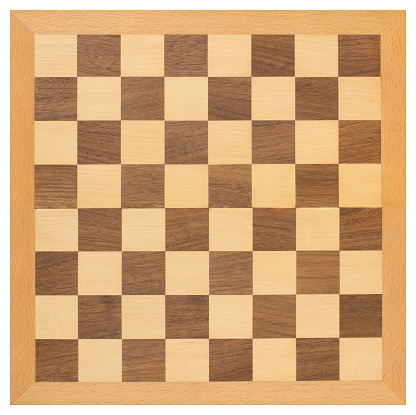 Top view of a wooden chessboard isolated on a white background.