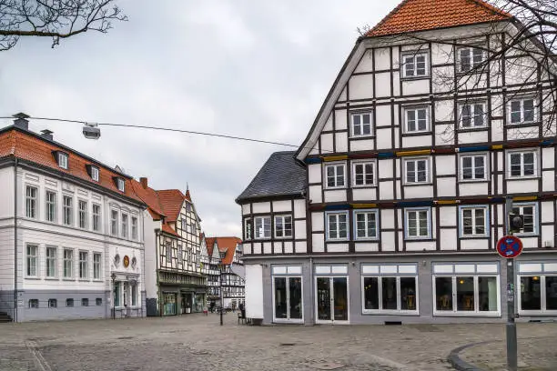 Street with half-timbered houses in Soest, Germany