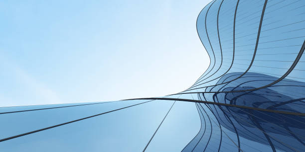未來建築的低角度視圖，帶曲線玻璃窗的辦公樓摩天大樓，3d渲染。 - 反射 圖片 個照片及圖片檔