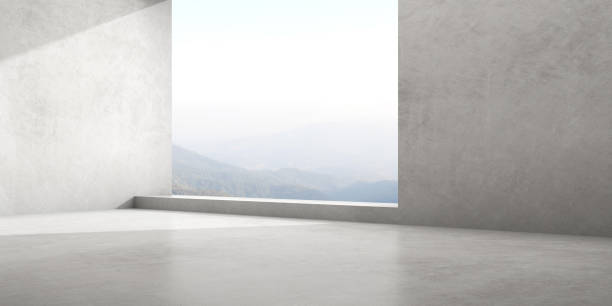 istock 3d render of empty concrete room with large window on nature background. 1300284986