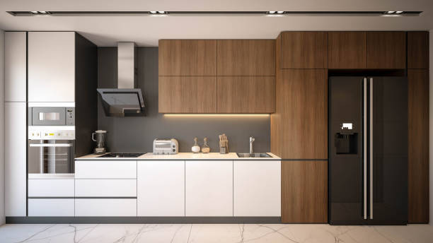 interior design. architecture. computer generated image of kitchen. architectural visualization. 3d rendering. - cozinha imagens e fotografias de stock