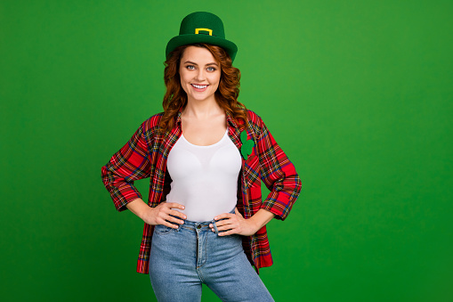 Portrait of her she nice-looking attractive pretty cheerful cheery wavy-haired girl wearing, festive look posing isolated over bright vivid shine vibrant green color background