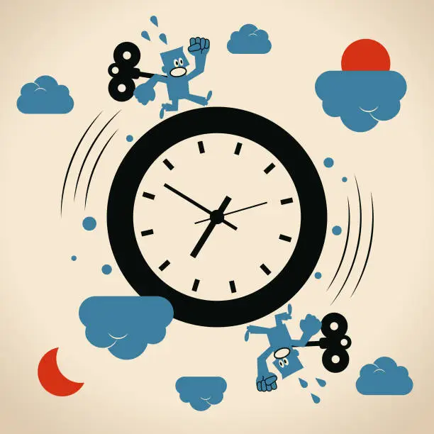 Vector illustration of Two blue men with a wind-up key on their back are running around a big clock (doing the same work, going around the circle) day after day