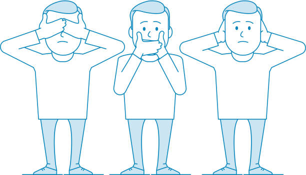 Illustration Three wise monkeys. Three wise monkeys. One man covers his mouth with his hands, the other covers his ears, the third eyes. Illustration in line art style. Vector see no evil stock illustrations
