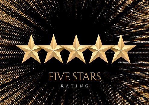 Five gold Stars. Rating or quality symbol. Against the backdrop of a stylish flash of gold sparkling from the center on a black background. Poster template.Vector illustration