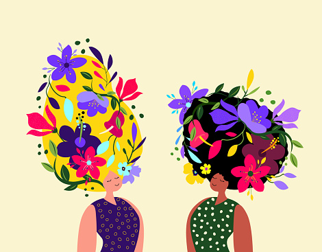 Beautiful Dreaming Women with Flowers in Hair.Relaxed Happy Girls in Meditation Calmness.International Women's Day. Vector Template with Cute Woman,Flowers for Card, Poster, Flyer. Vector Illustration