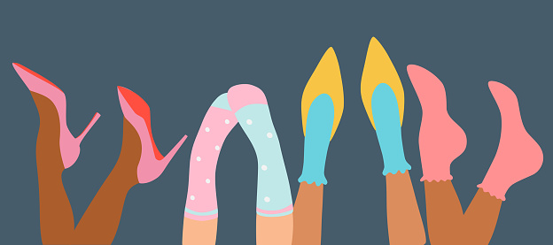 Different female's legs. Colorful socks and shoes high heels and trainers. Modern banner design for web and pint. Trendy hand draw vector illustration.