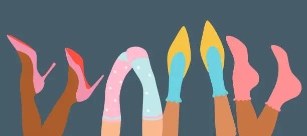 Vector illustration of Different female's legs. Colorful socks and shoes high heels and trainers.