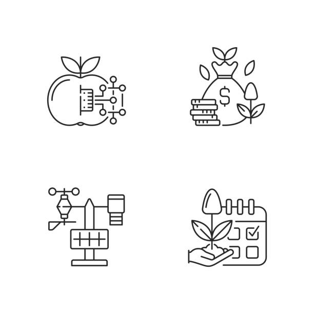 Estimating planting time linear icons set Estimating planting time linear icons set. IOT agriculture. Smart farming. Cost efficiency. Silhouette symbols. Weather station. Vector isolated illustration iot logo stock illustrations